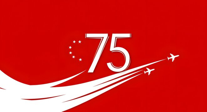 Red background design with "75" in white, ascending trails, and small airplanes - Powered by Adobe