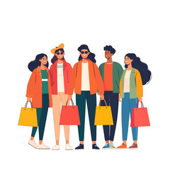 Group of Young Adults with Shopping Bags in Modern Cartoon Style Illustration with Orange Red and Yellow Color Palette on White Background