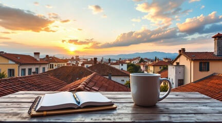 Open notebook ceramic mug wooden desk old town rooftops sunset sky peaceful atmosphere scenic view relaxation