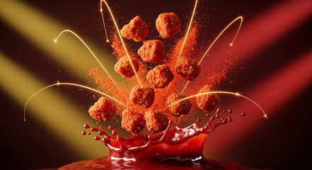 Fiery Fried Chicken Popcorn Splash with Red Powder Explosion