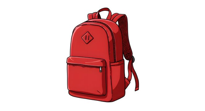 Red backpack illustration with straps, pocket, diamond detail, and zipper