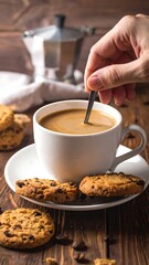 Close up of coffee being stirred with a spoon and cookies nearby