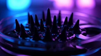 Magnetic Fluid Spikes Reacting in a Petri Dish Under Blue and Purple Lights - Powered by Adobe