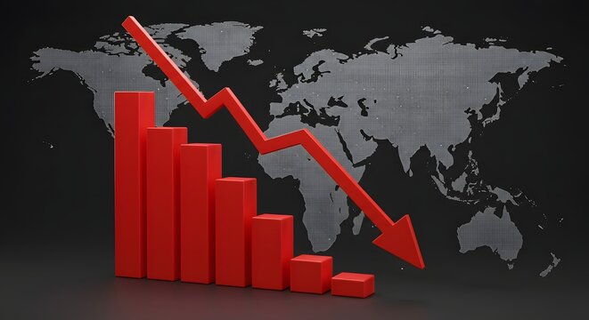 Red bar chart decreasing in value with a red arrow against a world map background
