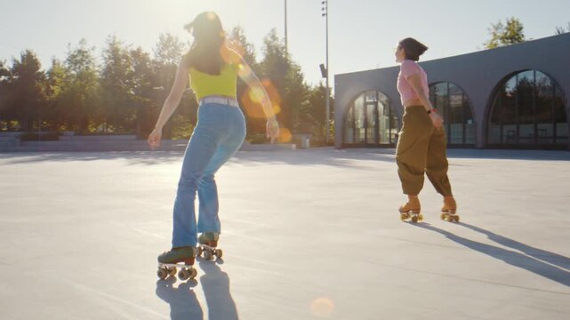 Women couple skates side by side across plaza with calm pace