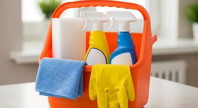 Orange cleaning caddy filled with supplies including spray bottles rags and gloves