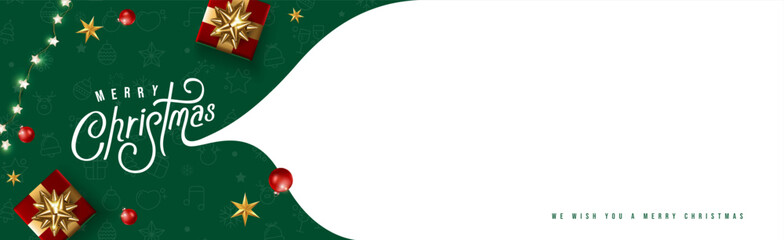 Festive Christmas sale banner with elegant calligraphy, wrapped gifts, golden stars, red ornaments, and green background with copy space for holiday promotion or greeting message