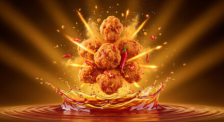 Spicy Chili Chicken Bites Splash in Golden Sauce Explosion