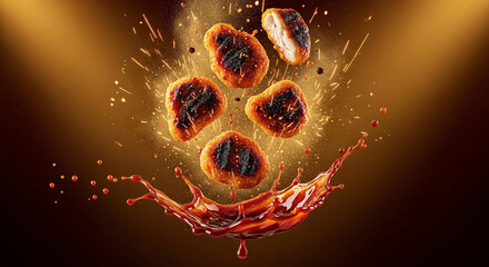 Charred Spicy Chicken Nuggets Splashing in Dark Sauce Explosion