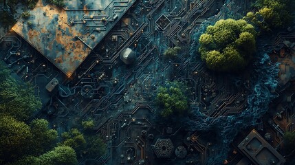 Surreal fusion of nature and technology, vibrant green foliage emerges from intricate, dark circuitry in a stunning, futuristic landscape.
