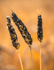 Close-up of three wheat stalks bathed in golden sunlight
