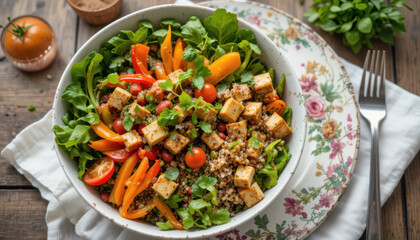 Delicious and healthy tofu salad with fresh vegetables and grains