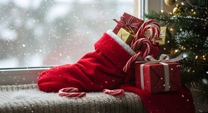 Red Christmas stocking overflowing with gifts, candy canes, and festive decor by a window