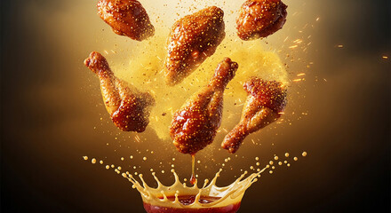 Crispy Fried Chicken Drumsticks Splashing in Honey Sauce Explosion