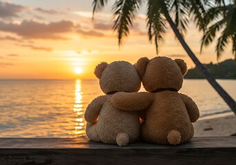 Teddy Bears Hugging at Sunset on Beach. Generative Ai