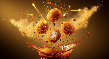 Golden Crunchy Chicken Bites Splashing in Sauce with Sparks