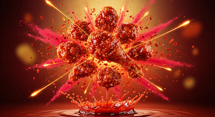 Hot Spicy Fried Chicken Explosion with Sauce and Fire Sparks