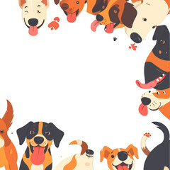 Dog Faces Border with Various Breeds and Tongue Out on White Background Cartoon Style Frame Vector Illustration