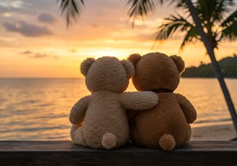 Teddy Bears Hugging at Sunset on Beach. Generative Ai