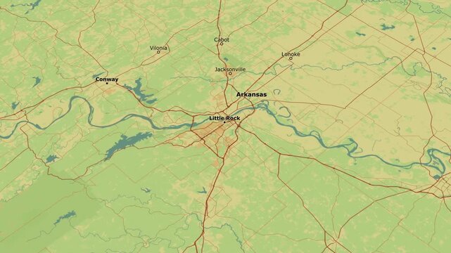 Detailed topographical map showing central Arkansas, including Little Rock, Conway, and surrounding areas,Map of the Arkansas River valley, highlighting cities and the natural landscape around Little 