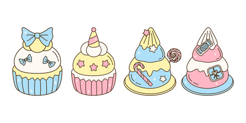 Cute pastel dessert vectors: Four kawaii cakes and cupcakes with bows, stars, candy, and sweets. Perfect for kids' party themes.
