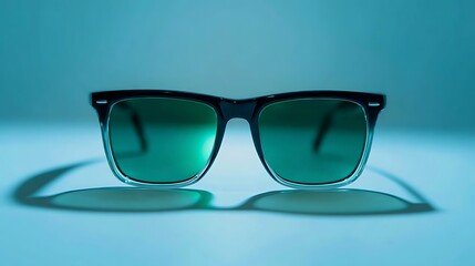 Square sunglasses alone at center of white table, light blue background with projected neon green light