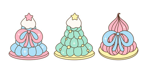 Cute pastel Christmas tree cakes, vector illustration set. Kawaii holiday desserts, sweet food, winter, party, new year, pink, blue, stars.