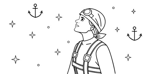 Young Person Wearing Goggles and Scarf Gazes Upward Among Anchors and Stars