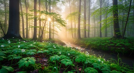 Misty forest sunrise, spring wildflowers