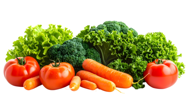 A vibrant assortment of fresh, healthy vegetables including tomatoes, carrots, broccoli, and leafy greens.