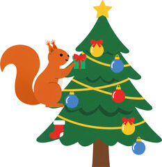 Naklejka premium Minimal flat illustration of a cute squirrel decorating a Christmas tree with gifts and ornaments