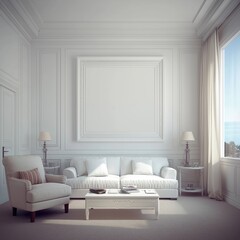 Minimalist Cozy Apartment Interior with Large White Picture Frame on Wall, Featuring Sofa, Armchair, and Abundant Natural Light

