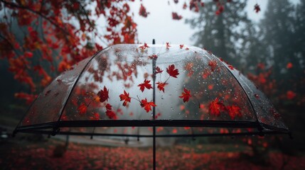 Transparent umbrella surrounded by vibrant red autumn leaves in a misty forest showcasing the beauty of fall season and nature's artistic palette