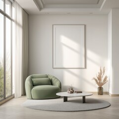 Minimalist Modern Living Room with Elegant White Wall and Empty Frame Mockup, Featuring a Green Velvet Chair, Neutral Palette, and Soft Sunlight

