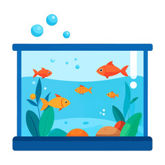 Vibrant Aquarium Scene with Orange Fish and Blue Accents in Cartoon Style Against White Backdrop Optimized for Stock Photography