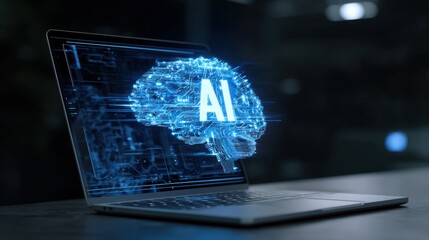 Futuristic Laptop Displaying Smart Artificial Intelligence Brain Concept Over Dark Technology Background for Innovation and Modern Computing Themes