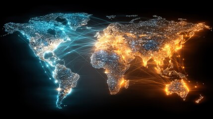 Futuristic Global Network Map Illustrating Data Connections and Digital Communication Over Earth With Bright Lights and Dynamic Flow of Information