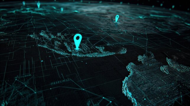 Futuristic Digital Map with Pinpoints Highlighting Locations Across a Global Network of Connection, Technology, and Data Visualization
