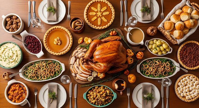 Thanksgiving Feast Abundance Festive Holiday Dinner Table Setting with Roasted Turkey Pies and Sides, Seasonal Abundance Celebration