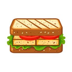 Vector Graphic Sandwich with Grilled Bread Tofu Tomato and Lettuce on White Background