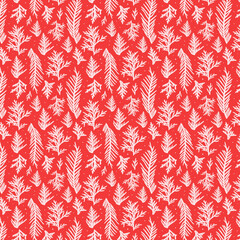 Seamless red and white pattern featuring hand-drawn pine and fir branches, evoking a festive and winter holiday atmosphere.