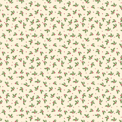 Festive seamless pattern with green holly leaves and red berries on a soft beige background, perfect for Christmas-themed designs.