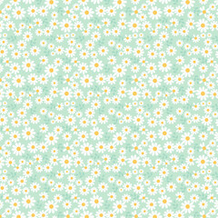 Seamless floral pattern with white daisies and yellow centers on a soft mint green background, creating a cheerful spring vibe.