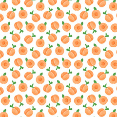 Seamless pattern of cute orange peaches with green leaves on a white background, perfect for summer fabric, wrapping, or wallpaper.