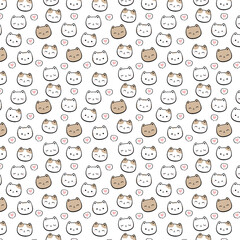 Cute seamless pattern of cartoon cat faces with happy expressions and small pink hearts on a white background.