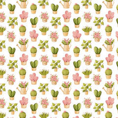 Charming seamless pattern of potted cacti and leafy plants in soft pastel tones, creating a fresh and natural botanical design.