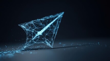 Abstract 3D Representation of a Digital Arrow Made of Connecting Lines and Dots, Symbolizing Speed, Direction, and Innovation in Technology