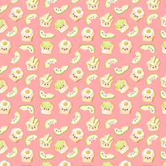 Cute seamless pattern of avocado slices and kawaii toast with eggs and cream on a pink background, perfect for playful food designs.
