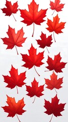 Fototapeta premium Scattered vibrant red maple leaves against a soft white backdrop, artistic autumnal design