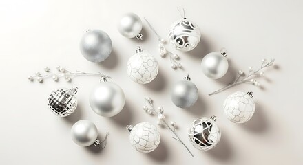 A collection of silver and white Christmas ornaments scattered on a white background.